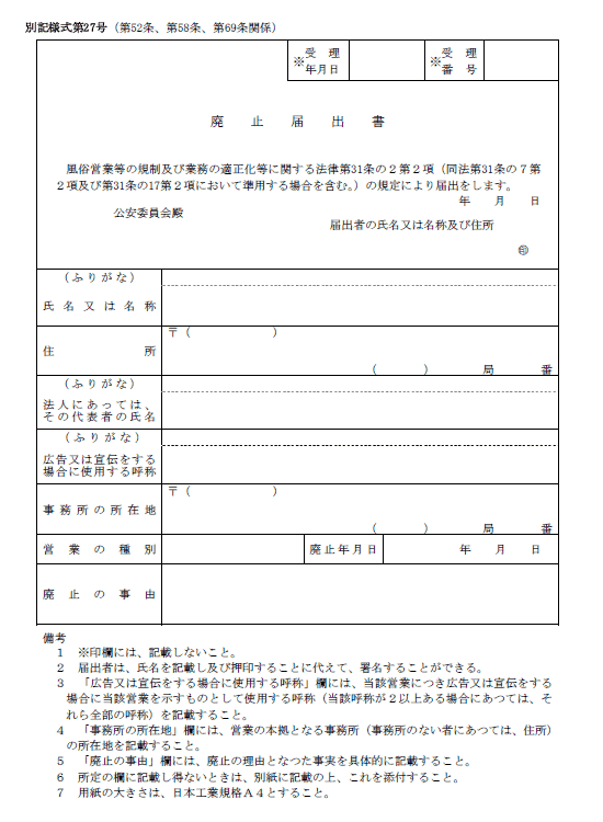 無店舗型性風俗特殊営業・廃止届出書サンプル