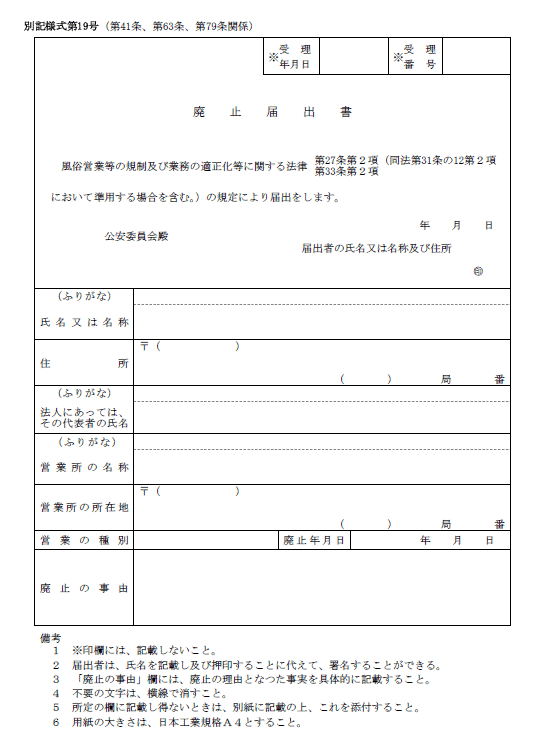 店舗型性風俗特殊営業・廃止届出書サンプル